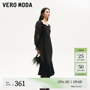VEROMODA連衣裙2024秋季女裝新款天鵝絨拼接網(wǎng)紗魚(yú)尾長(zhǎng)裙鉆石領(lǐng)東方簡(jiǎn)奢風(fēng) 紗袖絲絨裙-黑色 L