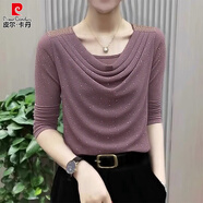 皮爾卡丹（pierre cardin）長袖T恤女鑲鉆200斤可穿春款紗網(wǎng)堆堆領(lǐng)圓領(lǐng)套頭修身內(nèi)搭百搭時尚 8304#【豆沙色】 5XL 建議160-200斤