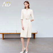 AD藍色連衣裙女高級感職業(yè)裝2025夏季穿搭七分袖西裝裙子氣質(zhì)收腰 米白色連衣裙 S
