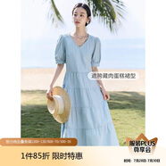 茵曼（INMAN）夏季法式花邊女裝V領(lǐng)連衣裙小清新甜美風(fēng)泡泡袖長(zhǎng)裙子 淺水藍(lán) M