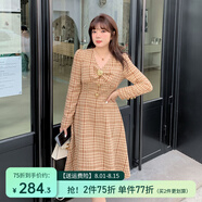 惟友大碼女裝連衣裙胖妹妹春裝胖mm大蝴蝶結(jié)毛呢格子裙子 焦糖格子 XL 【尺碼偏大】 建議130-150斤