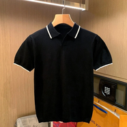 NPZ 輕奢潮牌 八字領(lǐng)針織polo衫男夏季新款時尚拼色條紋翻領(lǐng)體恤短袖 黑色 XL 【141斤-150斤】