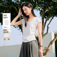 片斷T恤女2025夏季新款圓領(lǐng)小飛袖修身時尚基礎(chǔ)別致漂亮掐腰上衣 象牙白 L