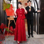 景華年喜慶訂婚禮服新中式女漢服國風(fēng)民族風(fēng)復古刺繡上衣半身裙套裝唐裝 紅色上衣+紅色半身裙 XL （建議120-135斤）