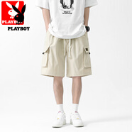 花花公子（PLAYBOY）冰絲短袖t恤男士夏季痞帥寬松一套搭配休閑套裝男款跑步短袖套裝 卡其色【工裝休閑短褲】 M