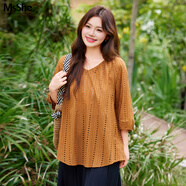 MsShe【全棉】大碼女裝2025秋季胖mm巨遮肚鏤空刺繡V領(lǐng)七分袖襯衫 小衫-南瓜色現(xiàn)貨 偏大一碼 5XL