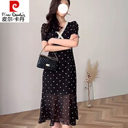 皮爾卡丹（pierre cardin）法式浪漫輕熟風(fēng)氣質(zhì)優(yōu)雅A字連衣裙女神范微胖mm收腰顯瘦波點(diǎn)長(cháng)裙 黑色連衣裙 L