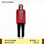 IIIVIVINIKO「JEN UMAN合作系列」寬松繡花長袖T恤女C330509335A 大紅 S