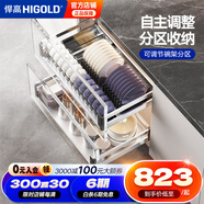悍高（HIGOLD） 廚房櫥柜拉籃碗架抽屜式碗籃加厚304不銹鋼底板調(diào)味籃雙層碗碟籃 800柜2層-PDL1.0系列套裝