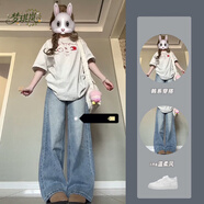 夢(mèng)琪嵐夏季2025新款花灰色字母印花T恤寬松圓領(lǐng)短袖上衣牛仔長(cháng)褲套裝女 單-花灰短袖 M 建議90-100斤