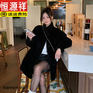 恒源祥秋冬中長(zhǎng)款皮毛一體羊羔毛外套女寬松慵懶感仿皮草毛毛大衣女 黑色 XS