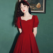 奕詩顏敬酒服新娘2025新款酒紅色長袖晚禮服韓版泡泡袖連衣裙聚酯纖維四 酒紅色 緞面款短袖 2XL XXL