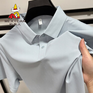 稻草人下擺開叉純色冰絲polo衫男短袖夏季透氣網(wǎng)孔涼感翻領(lǐng)t恤高端男裝 灰蘭 M /48