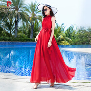 皮爾卡丹（pierre cardin）超長(zhǎng)及踝長(zhǎng)裙2025新款波西米亞純色雪紡大碼連衣裙度假沙灘裙超仙 大紅色 L 建議130-160斤