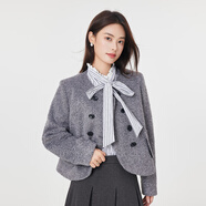 達佳詩-溫柔小香風 米色毛呢外套女秋冬圓領(lǐng)通勤甜美短款呢子大衣 灰色 L