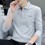 花花公子（PLAYBOY）翻領(lǐng)polo.衫長袖T恤薄款春秋季男裝純棉商務(wù)上衣有帶領(lǐng)子青年體恤 淺灰色 S5010 M 帥氣新款