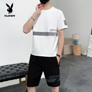 花花公子冰絲速干男士t恤夏季薄潮牌寬松短袖短褲籃球服一套跑步運動(dòng)套裝 TZ2602白色 M 100-120斤