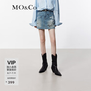 MO&Co.牛仔短裙夏航海趣味個(gè)性涂鴉洗磨剪邊高腰手工袋邊破洞摩安珂 牛仔藍(lán)色 M 165