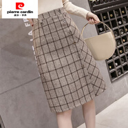 皮爾卡丹（pierre cardin）半身裙女春秋季2025新款韓版中長款顯瘦A字毛呢格子包臀一步裙子 卡其格子 S 建議85-95斤