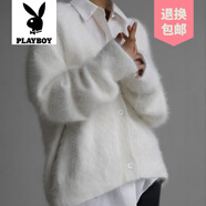 花花公子（PLAYBOY）品牌歐美跨境貂絨V領(lǐng)針織毛衣女2024秋冬新款寬松純色開衫女外套 白色 M