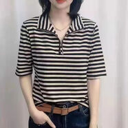 FHHUABD歐貨20256新款春秋體恤衫歐貨衫寬松條紋中袖恤女翻領(lǐng)上衣 黑色條紋 S  80-100