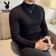 花花公子（PLAYBOY）中領(lǐng)長(cháng)袖T恤男春秋季緊身半高領(lǐng)打底衫男純色修身彈力黑色內搭T恤 黑色 M