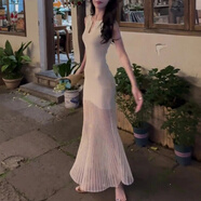 十七不是拾七度假修身連衣裙疊無(wú)袖冰絲透視拼接歐根紗魚(yú)尾長(cháng)裙 淺粉色贈送運費險 標準尺碼 均碼