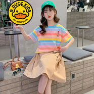 G.DUCKKIDS品牌童裝女童短袖T恤夏裝2025新款夏季中大兒童衣服笑臉彩條T女孩 小花愛(ài)心彩條T恤 藍(lán)條 130