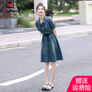 AEMAPE新中式中國風(fēng)盤扣牛仔連衣裙女2025夏季新款短袖修身顯瘦洋氣裙子 中藍(lán)色 L