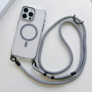首堡帶掛孔適用iPhone16promax手機殼透明磁吸蘋(píng)果15plus斜挎掛繩14pro可背肩帶13pm掛脖吊繩12por背包 灰圈透明磁吸粗款斜挎【4角可自由安裝掛鉤】 iPhone 14/13/