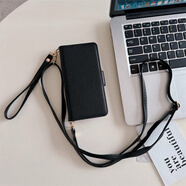 埠帝適用iPhone15promax手機殼腕帶蘋(píng)果16plus新款14全包防摔13翻蓋式12高級感11奢華XR斜挎se4女士8簡(jiǎn) 黑色 荔枝紋翻蓋錢(qián)包 腕帶皮套+長(cháng)繩手繩 iPhone 16 Pro Max