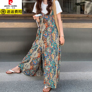 皮爾卡丹法式復(fù)古波西米亞風褲子背帶褲女夏季2025新款闊腿褲寬松連體褲女 波西米亞色 【單件】背帶褲 M 建議98-113斤左右