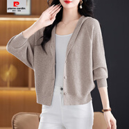皮爾卡丹（pierre cardin）春秋款羊毛衫開(kāi)衫女針織衫外搭短款連帽蝙蝠衫紅色毛衣女外套 花駝 M (建議88-108斤)