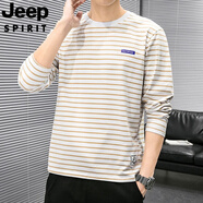 JEEP SPIRIT吉普條紋潮流體恤圓領(lǐng)秋季款衣服長(cháng)袖T恤男士上衣百搭純棉打底衫 卡其色 M