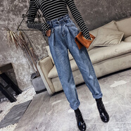 SHIROMA老爹哈倫牛仔褲女春季新款寬松復古褲子高腰 淺藍色 L