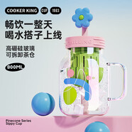 炊大皇玻璃杯女茶水分離吸管杯子耐高溫高硼硅水杯800ML（小藍花）