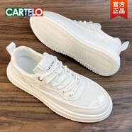 卡帝樂(lè)鱷魚(yú)（CARTELO）男士韓版小白鞋潮秋季男鞋2025新款男士透氣休閑運(yùn)動(dòng)板鞋男款鞋子 米白布面 39 【運(yùn)動(dòng)鞋碼】
