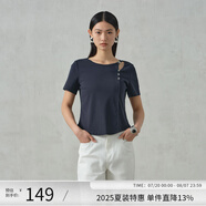 阿依蓮【商場同款】時尚休閑短袖T恤女夏季2025新款氣質(zhì)設(shè)計感鏤空上衣 海軍藍 XL