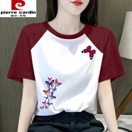 皮爾卡丹（pierre cardin）美拉德韓版夏季100純棉寬松打底肩袖短袖顯瘦新款拼接撞色上衣ins 【新疆棉】酒紅 雙蝴蝶 XL 建議115-130斤