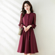 可蓓兒連衣裙春秋穿搭新款洋氣減齡女酒紅色氣質(zhì)女神范長(cháng)袖禮服裙子3XL