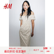 H&M女裝花卉連衣裙夏季花朵泡泡一字肩短袖植物印花長裙1230970 奶油色/碎花 M 170/104