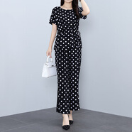 2025夏新款媽媽棉綢套裝女士外穿時(shí)尚洋氣碎花布短袖人造棉兩件套 小白點(diǎn)套裝 XL