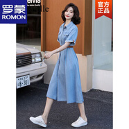 羅蒙牛仔連衣裙女2023夏季新款韓版時(shí)尚復古收腰顯瘦氣質(zhì)中長(cháng)款a字裙 淺藍色+ XL