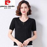 皮爾卡丹（pierre cardin）夏季鏤空冰絲針織衫薄款寬松時(shí)尚洋氣短袖T恤v領(lǐng)百搭套頭上衣 黑色今年流行的輕奢品牌 S 建議70-85斤