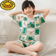 G.DUCKKIDS夏季新兒童棉綢睡衣短袖短褲女孩男童綿綢空調(diào)服中大童家居服套裝 短袖套裝方格恐龍 140 90適應(yīng)身高(120-125cm) 尺碼