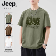 JEEP SPIRIT男士短袖2025夏季純棉重磅T恤新款美式軍綠體恤男生百搭上衣服 軍綠 依靠山 M