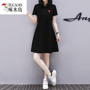 啄木鳥(niǎo)撤柜polo連衣裙女夏情侶裝一衣一裙新款純棉t恤休閑運動(dòng)a字遮肚子 黑色女款 M 建議95-105斤