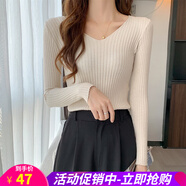 歐貝汐毛衣女春秋冬新款百搭修身v領(lǐng)長袖打底針織衫洋氣低領(lǐng)內(nèi)搭 燕麥色 均碼 高彈力 70-130斤