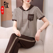 玫姿戀媽媽夏裝運動套裝2025新款中老年女士夏季休閑連帽條紋短袖上衣服 咖啡上衣+褲子 L