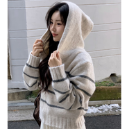 京芽連帽毛衣開(kāi)衫女秋冬款休閑寬松橫條紋針織衫拉鏈開(kāi)衫毛衣外套 米白色 均碼